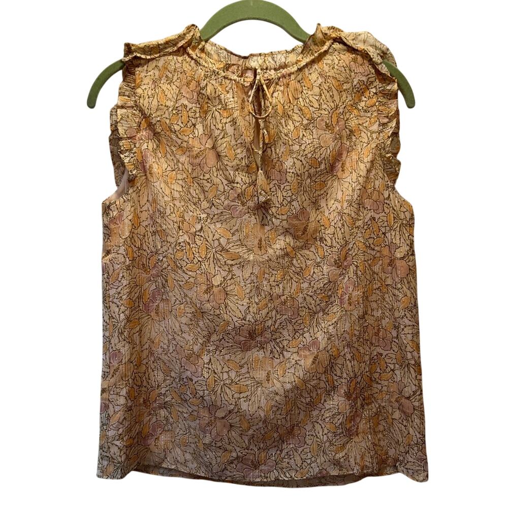 Rebecca Taylor Floral Tan Shimmer Sleeveless Tie-Neck Blouse P